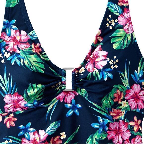 Land's End 1 piece Shirred bodice chlorine resist deepsea navy Rosella floral 12 - Picture 5 of 6